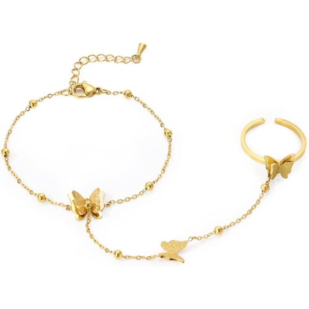 Gold Plated Butterfly Hand Chain Bracelet with Ring for Women Trendy Jewelry